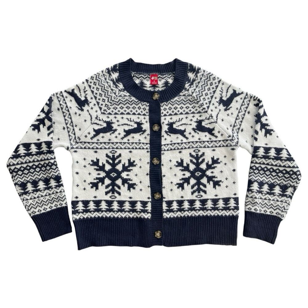 Dec 25 Nordic Fair Isle Navy Blue Christmas Cardigan Sweater Size Medium Holiday